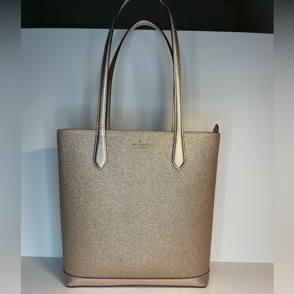 Kate Spade NY Saffiano PVC Trim Tinsel Glitter Rose Gold Tote Gently Preloved - Picture 3 of 17